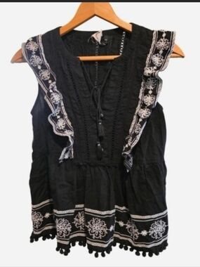 Anthropologie 100% Cotton Black Embroidered Ruffle Tank with White Trim